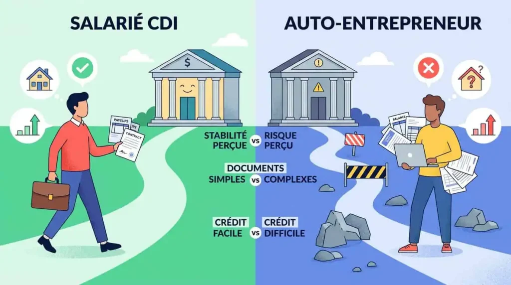 Illustration comparant un salarié CDI et un auto-entrepreneur face à une banque, style infographique moderne
