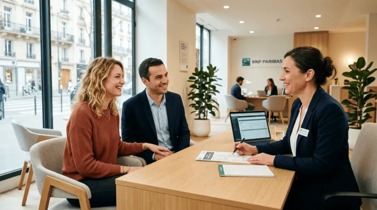 couple obtenant le meilleur taux prêt immobilier 2026 en agence bancaire