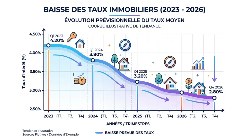 évolution taux immobiliers 2023 à 2026 graphique tendance