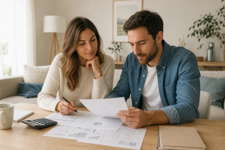 Couple comparant prêt in fine ou amortissable pour leur projet immobilier
