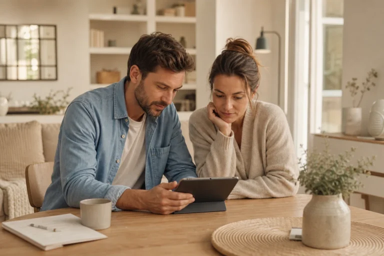 Couple étudiant le fonctionnement du lissage de prêt immobilier sur tablette