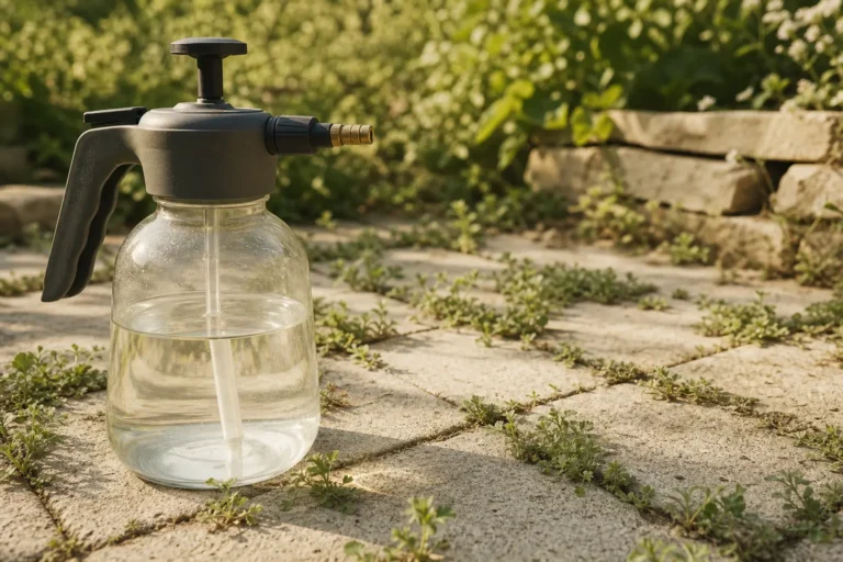 Désherbant acide acétique appliqué sur des dalles de terrasse