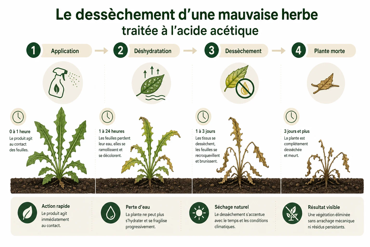 Comment agit le désherbant acide acétique étape par étape Schéma d'action du désherbant acide acétique sur les mauvaises herbes