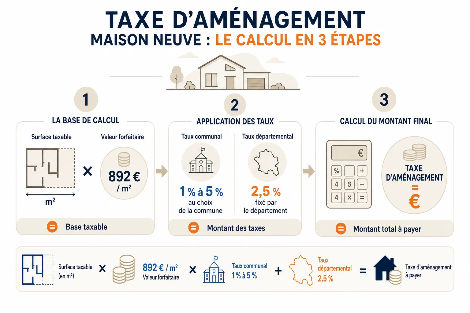 Infographie calcul taxe d'aménagement maison neuve étape par étape