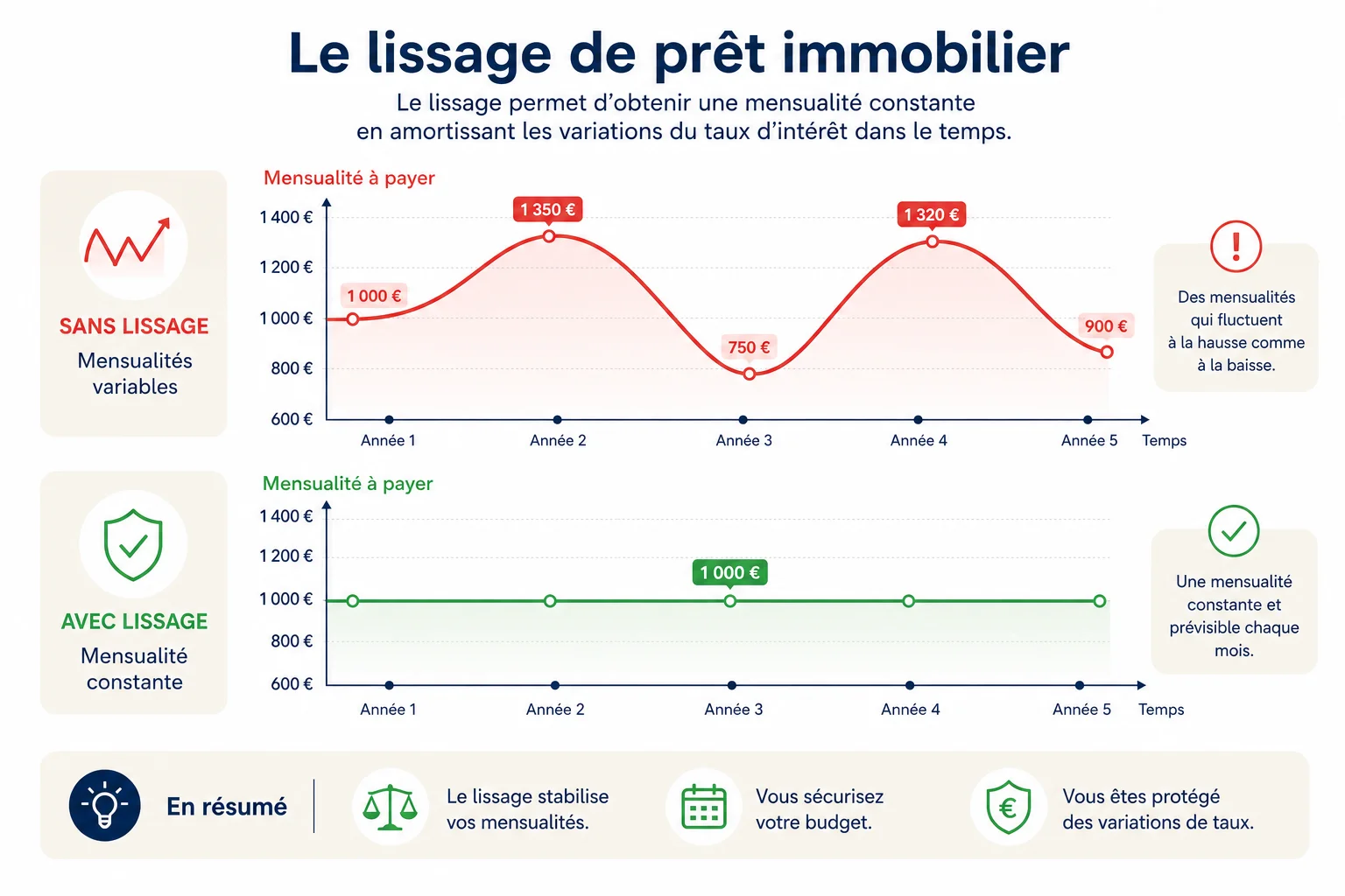 Infographie du fonctionnement du lissage de prêt immobilier avec deux prêts
