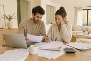 Couple préparant son dossier prêt immobilier pièces à fournir sur une table