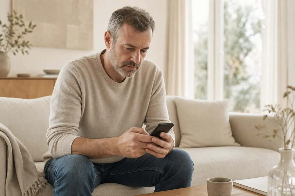 Homme vérifiant la réglementation des travaux le dimanche sur son téléphone