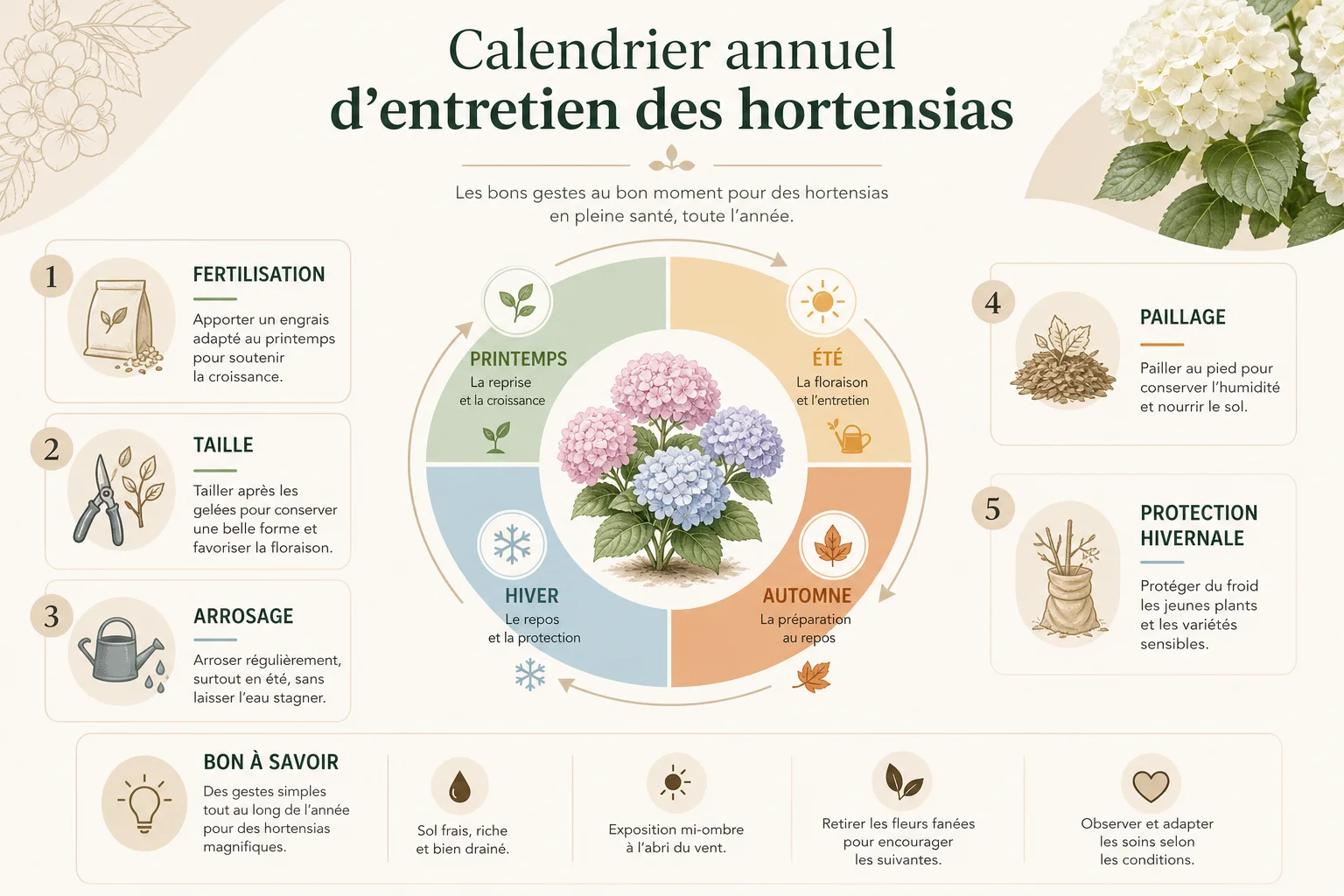 Calendrier d'entretien annuel pour la floraison des hortensias