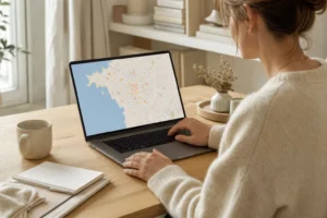 Consultation de la base DVF sur ordinateur pour vérifier les prix immobiliers