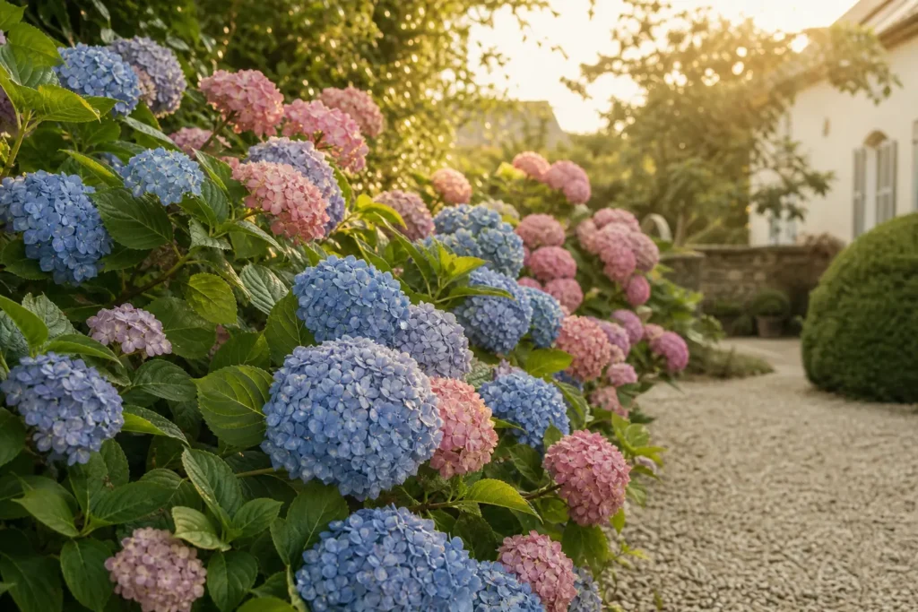 Floraison des hortensias dans un jardin paysager en été