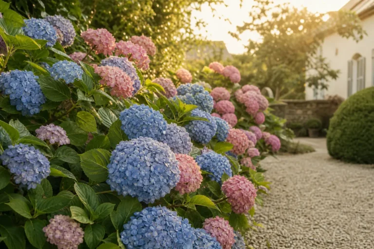 Floraison des hortensias dans un jardin paysager en été