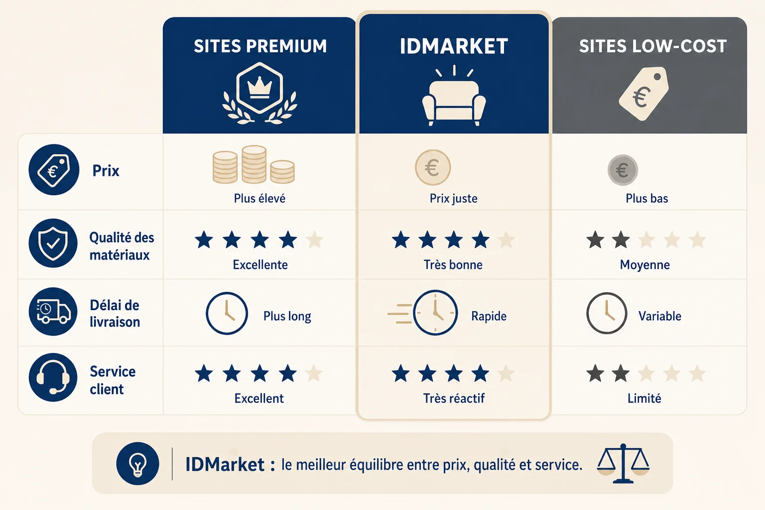 Comparatif IDMarket face aux sites premium et low-cost du mobilier