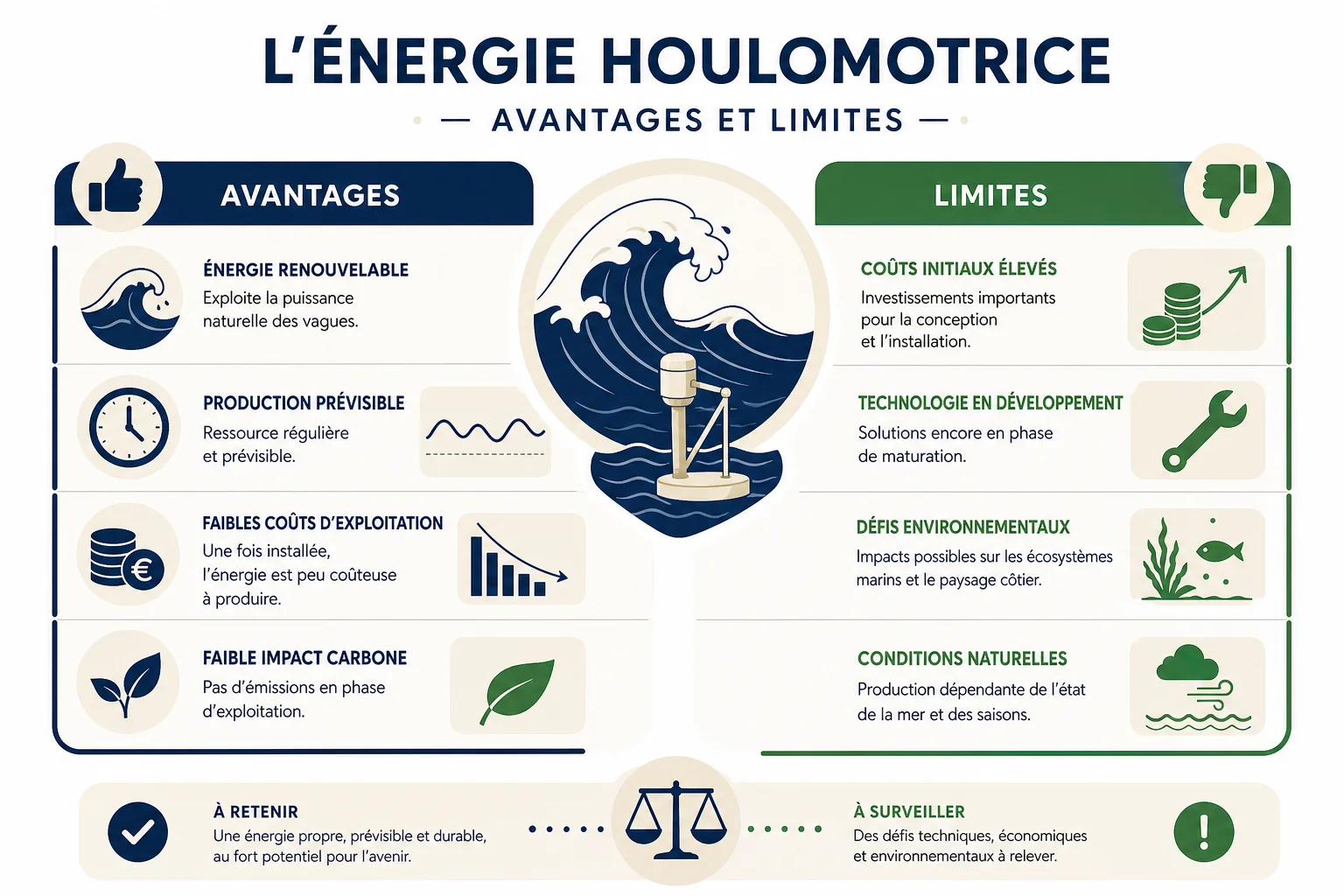 Avantages et limites de l'énergie houlomotrice en infographie