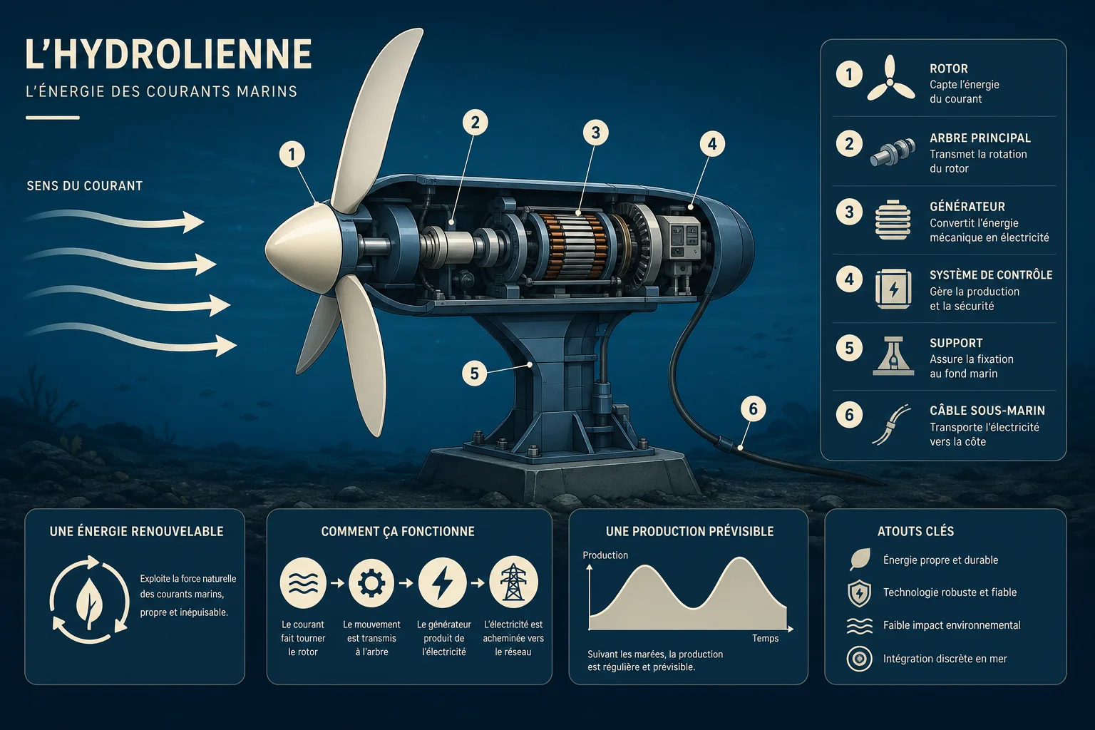 Composants et rendement d'une hydrolienne expliqués Schéma des composants d'une hydrolienne et son rendement énergétique
