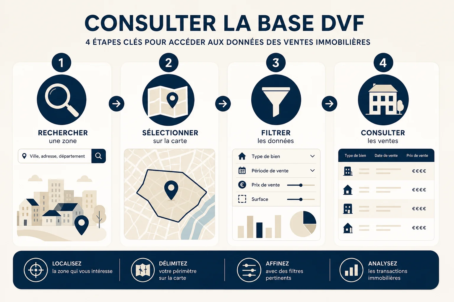 Infographie des étapes pour consulter la base DVF en ligne gratuitement
