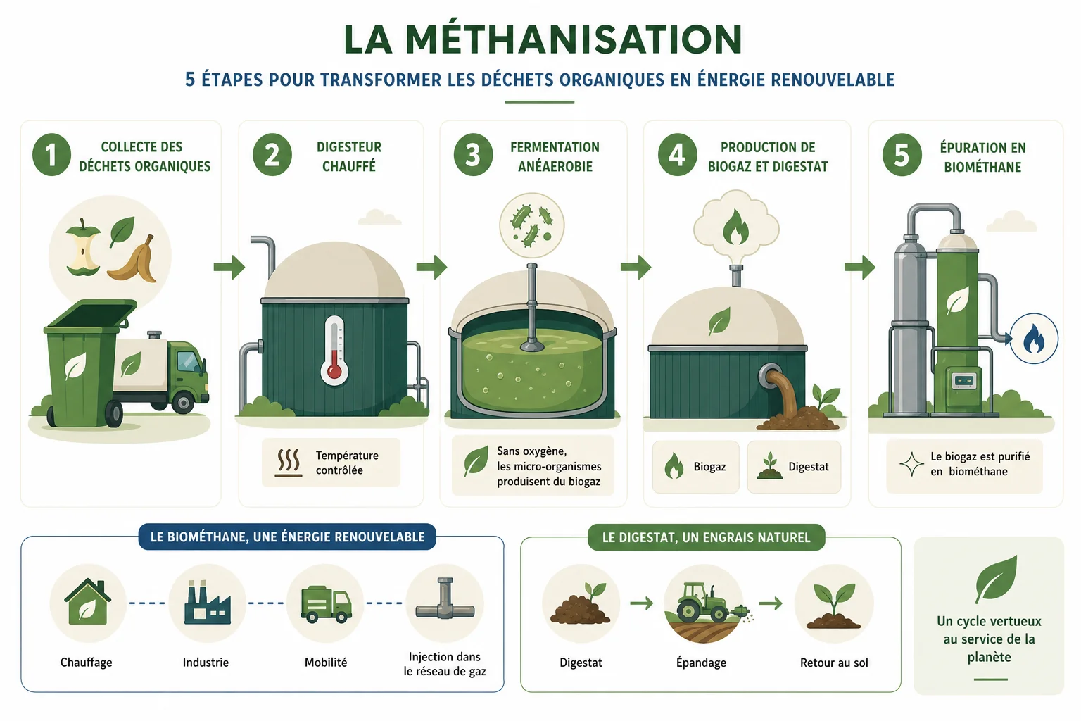 Infographie étapes du fonctionnement d'un méthaniseur