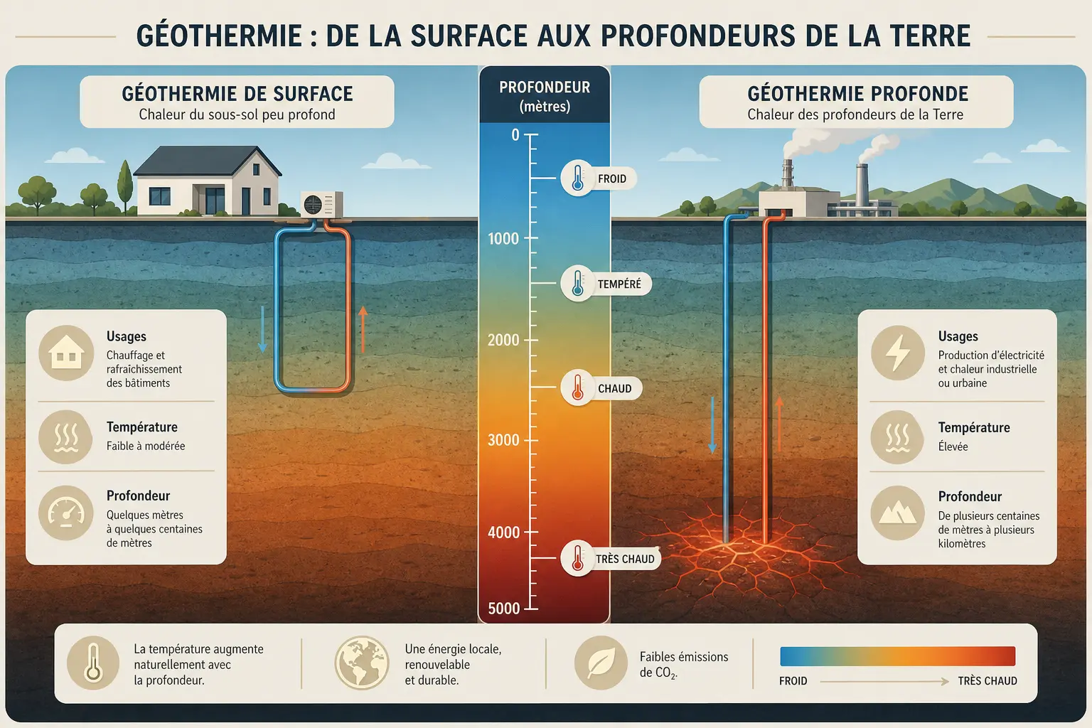 Comparatif entre géothermie de surface et géothermie profonde