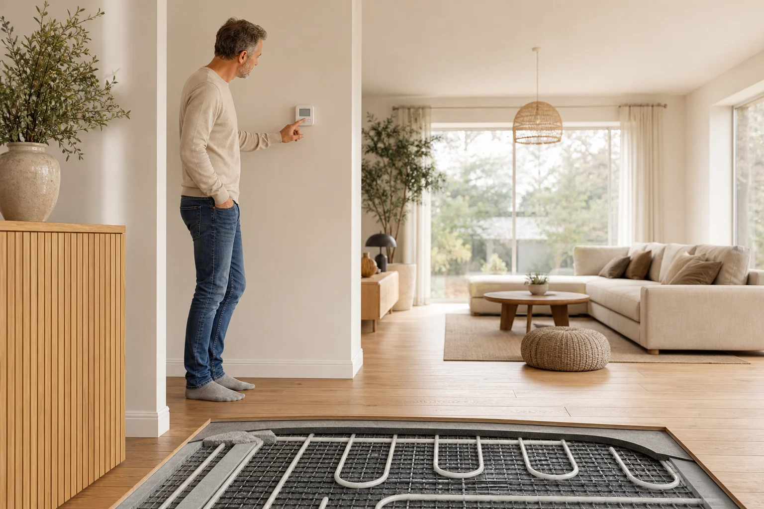 Chauffage géothermique par plancher chauffant dans un salon