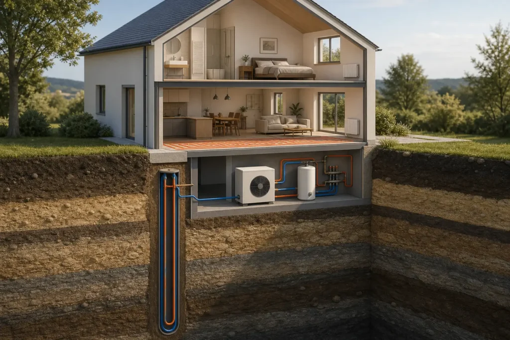 Schéma de fonctionnement de la géothermie dans une maison